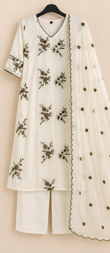 Zeravelle Ivory Olive Bloom Mul Chiffon Embroidered 3-Piece Churidar Set