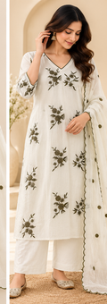 Zeravelle Ivory Olive Bloom Mul Chiffon Embroidered 3-Piece Churidar Set