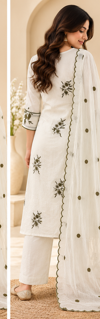 Zeravelle Ivory Olive Bloom Mul Chiffon Embroidered 3-Piece Churidar Set