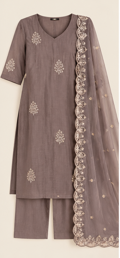 Zeravelle Mocha Mist Nice Silk Embroidered 3-Piece Churidar Set