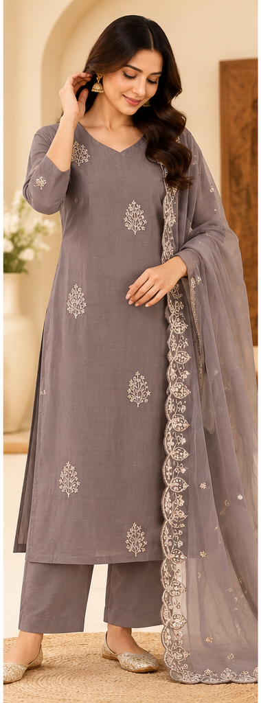 Zeravelle Mocha Mist Nice Silk Embroidered 3-Piece Churidar Set | Indian Ethnic Wear Ireland | Zeravelle