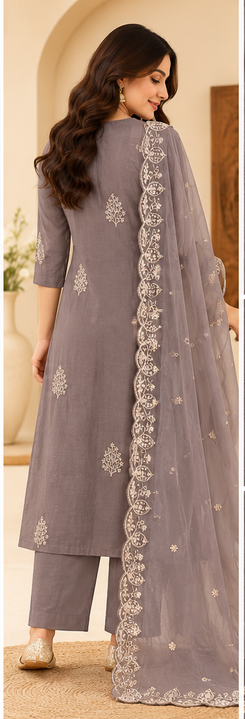 Zeravelle Mocha Mist Nice Silk Embroidered 3-Piece Churidar Set | Indian Ethnic Wear Ireland | Zeravelle
