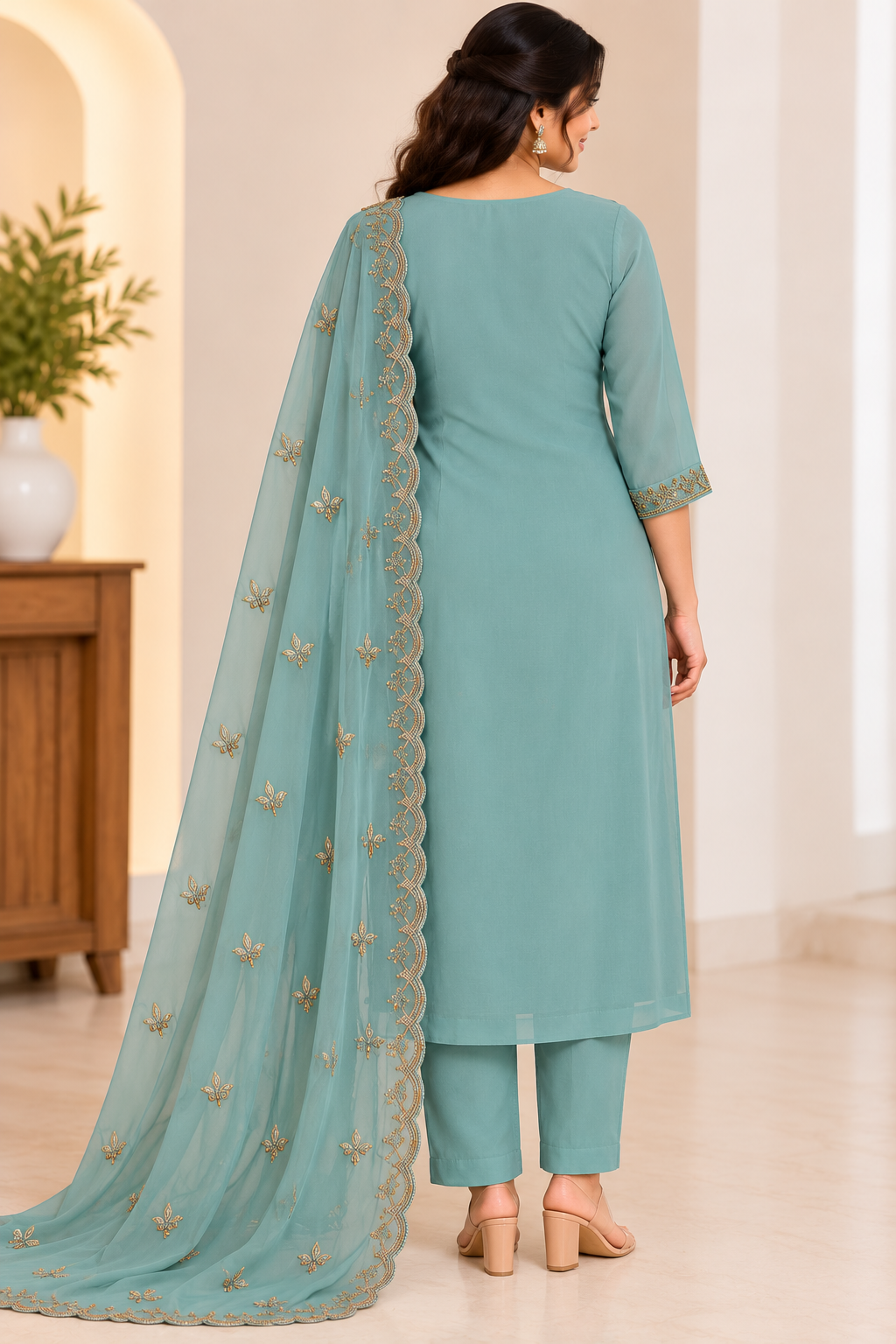 Zeravelle Pastel Teal Embroidered Georgette Churidar Set