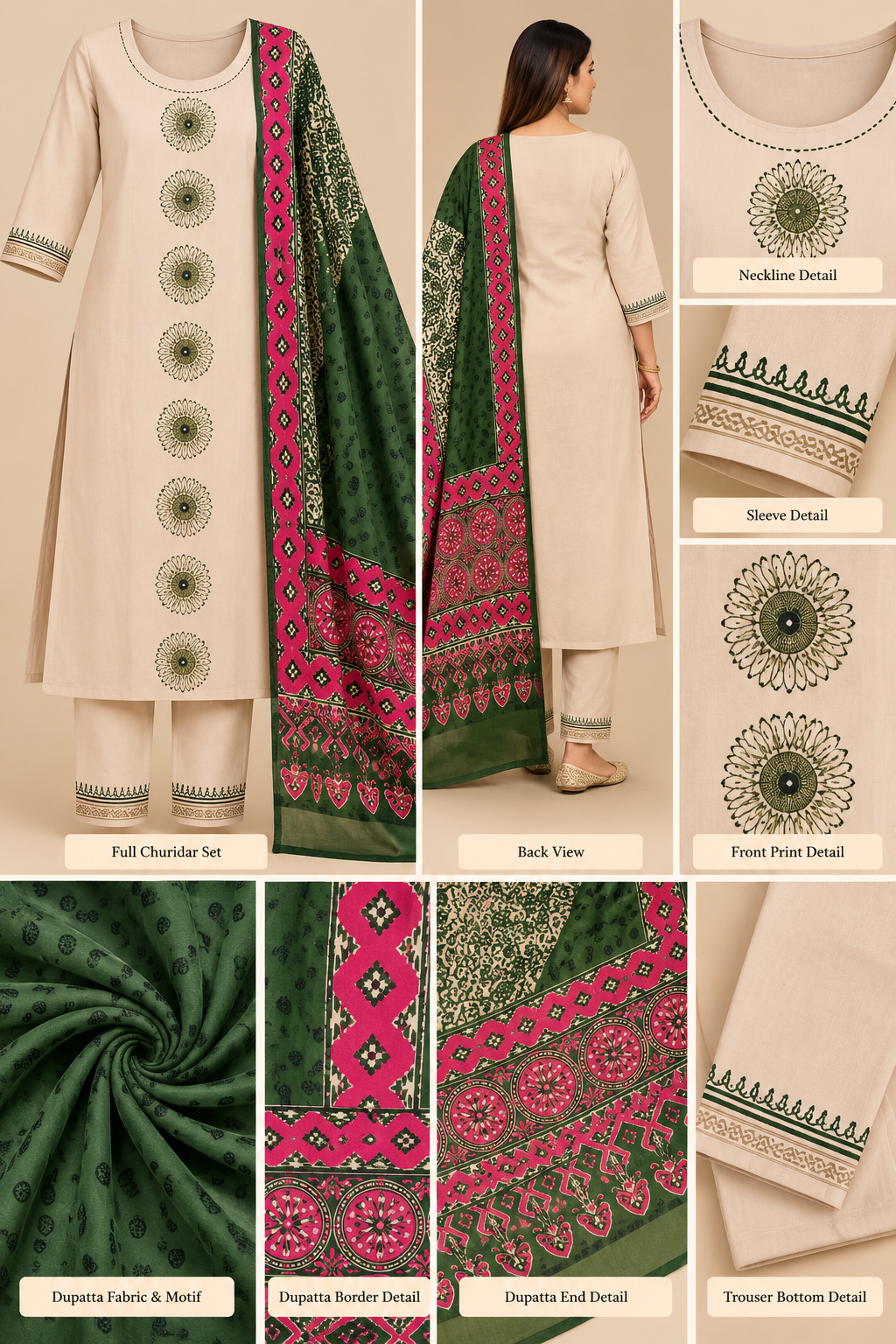 Zeravelle Ivory Nice Silk Churidar Set with Multicolour Dupatta