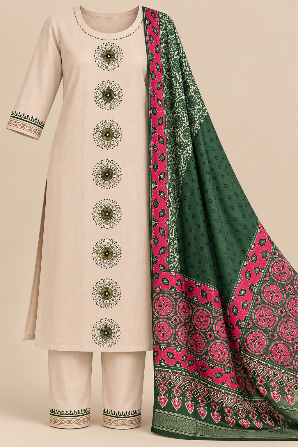 Zeravelle Ivory Nice Silk Churidar Set with Multicolour Dupatta