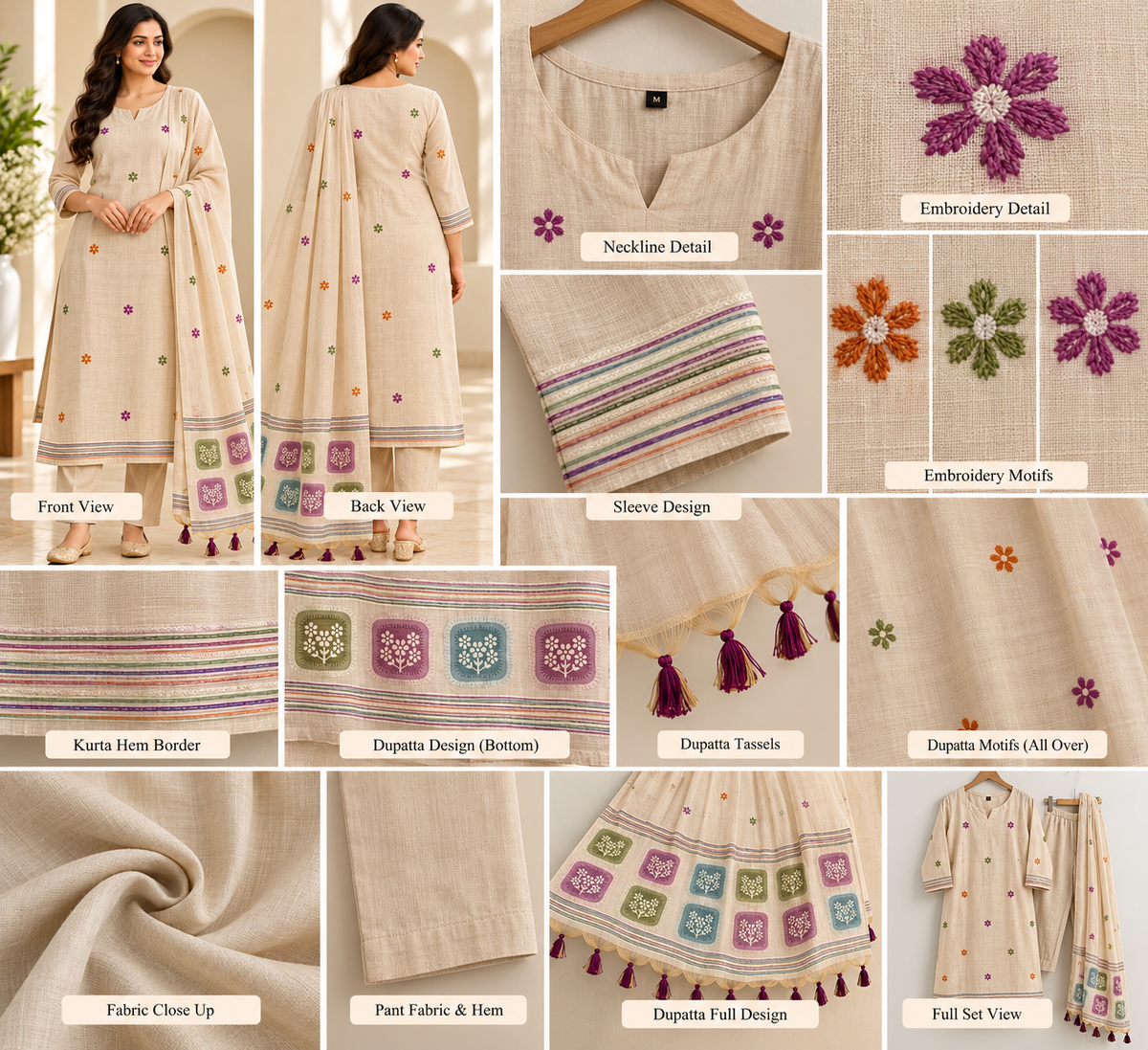 Zeravelle Ivory Jamdani Cotton Embroidered Churidar Set