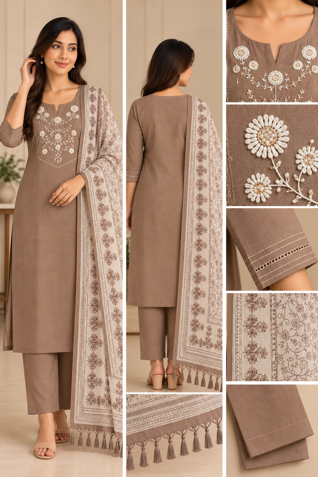 Chocolate Bloom Mul Cotton Embroidered 3-Piece Churidar Set