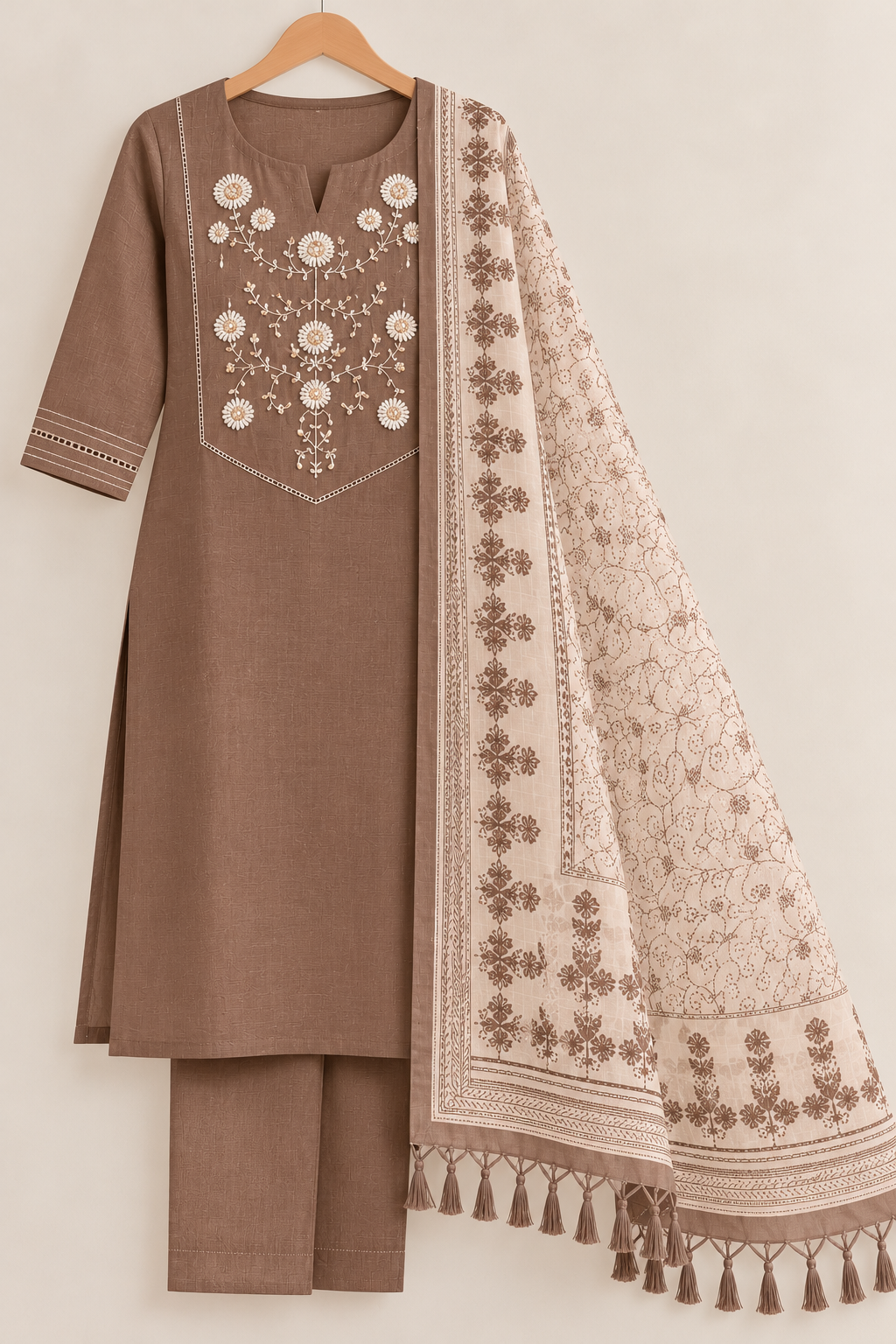 Chocolate Bloom Mul Cotton Embroidered 3-Piece Churidar Set