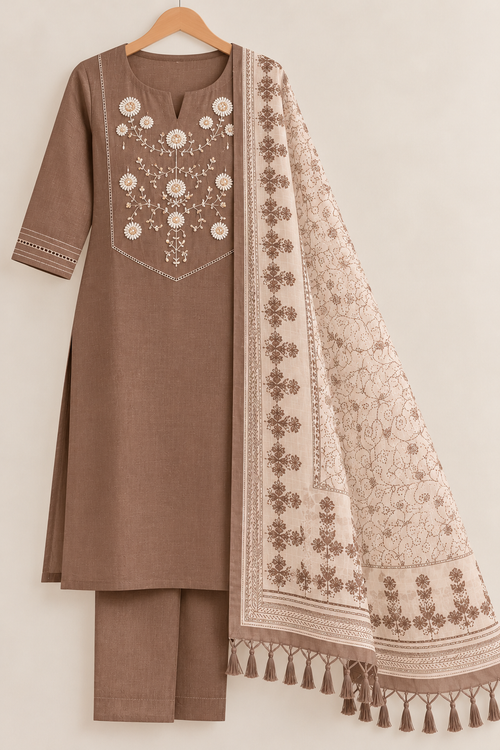 Chocolate Bloom Mul Cotton Embroidered 3-Piece Churidar Set