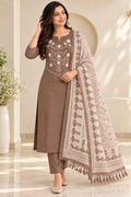 Chocolate Bloom Mul Cotton Embroidered 3-Piece Churidar Set