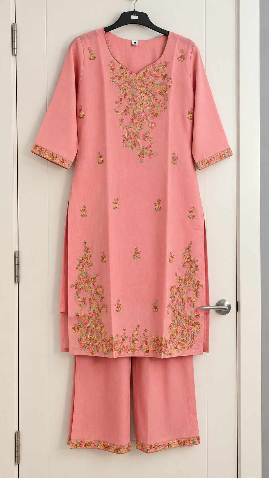 Baby Pink Mul Chanderi Churidar Set with Threadwork | Zeravelle
