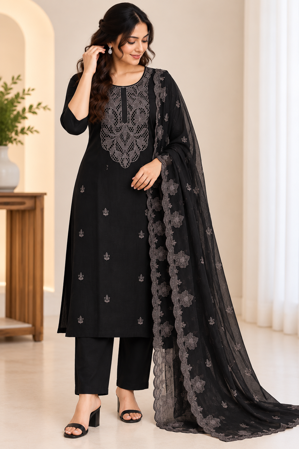Zeravelle Midnight Black Chiffon Embroidered Churidar Set | Indian Ethnic Wear Ireland | Zeravelle