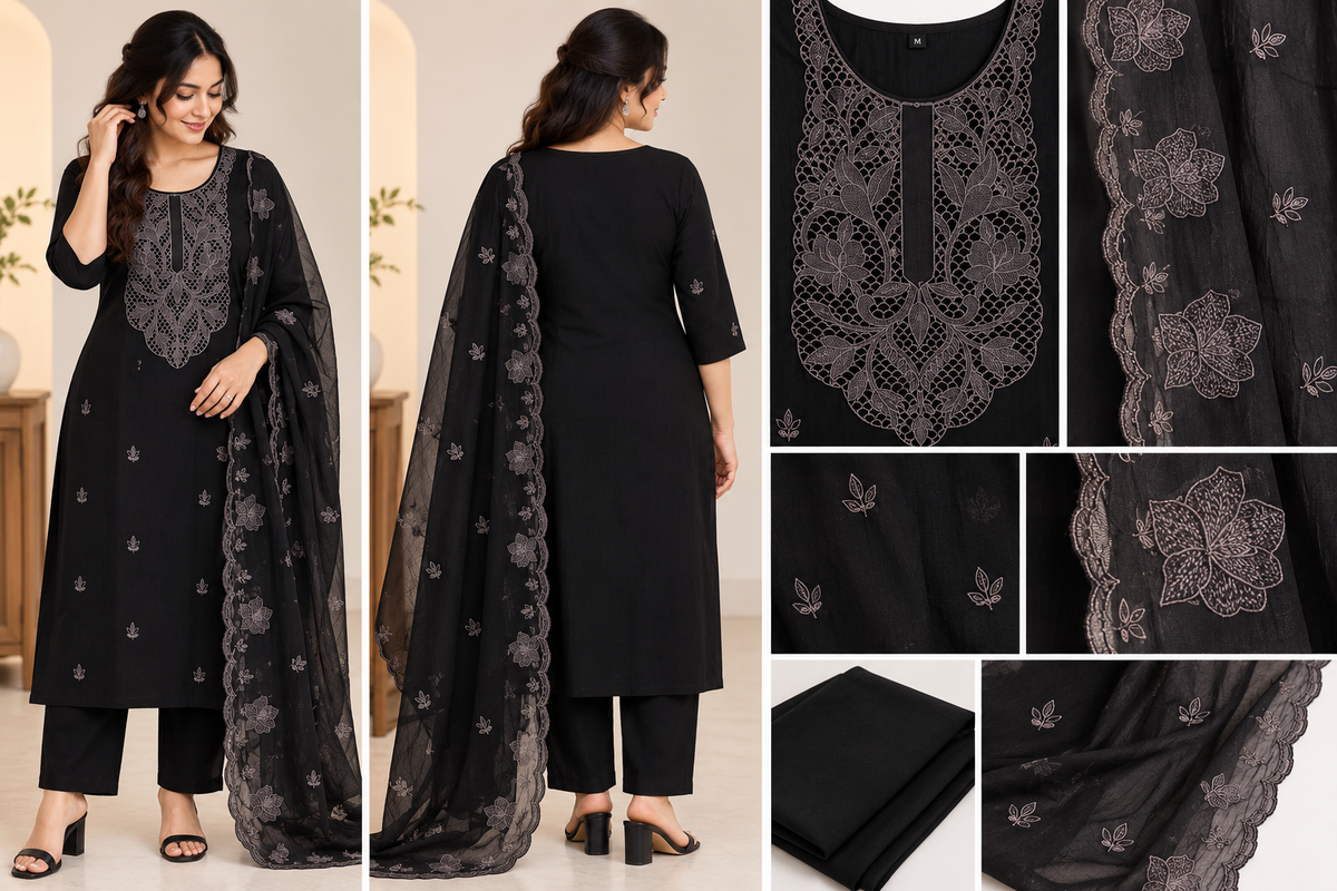 Zeravelle Midnight Black Chiffon Embroidered Churidar Set
