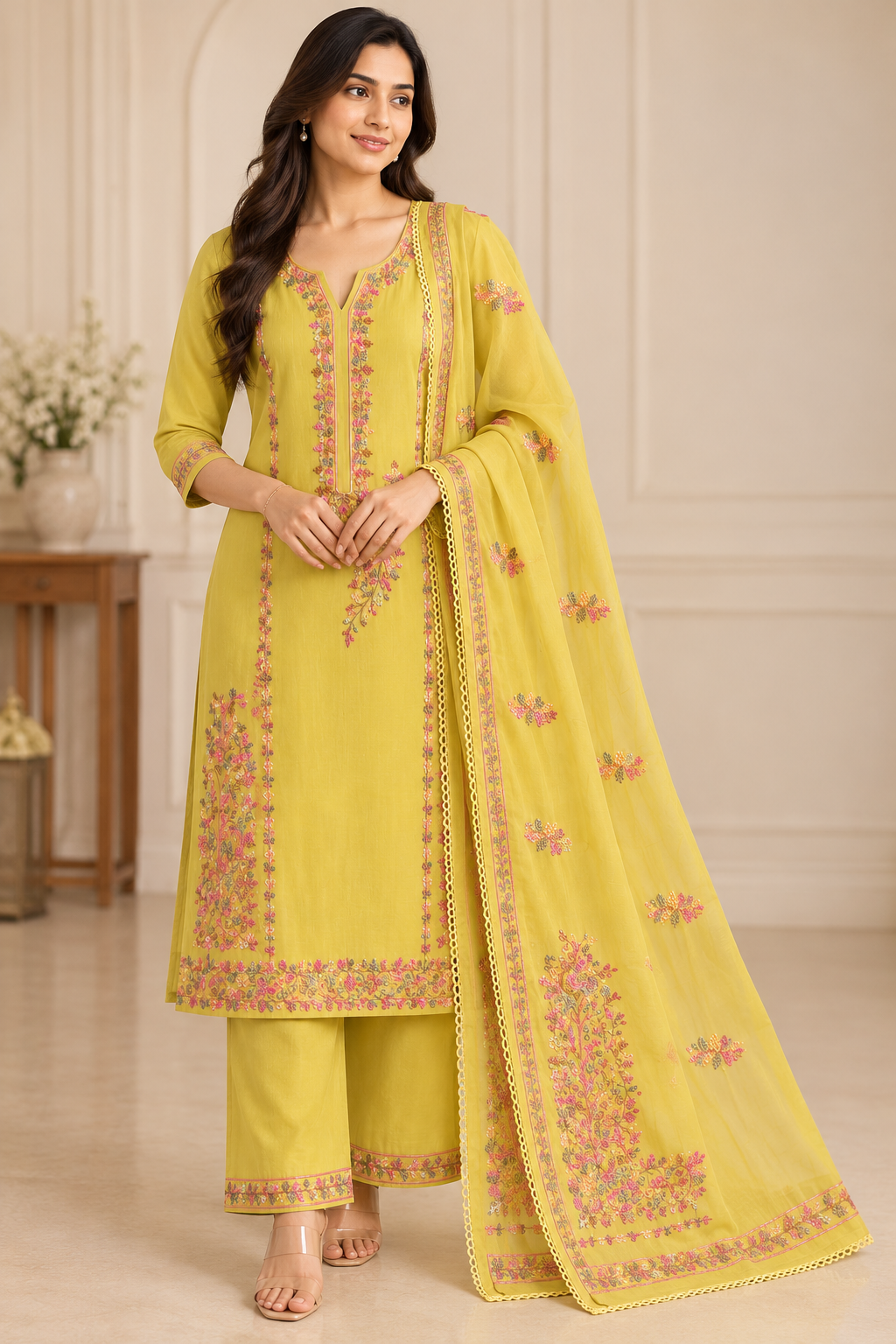 Zeravelle Meher Floral Embroidered 3-Piece Mul Chanderi Churidar Set – Lime Yellow