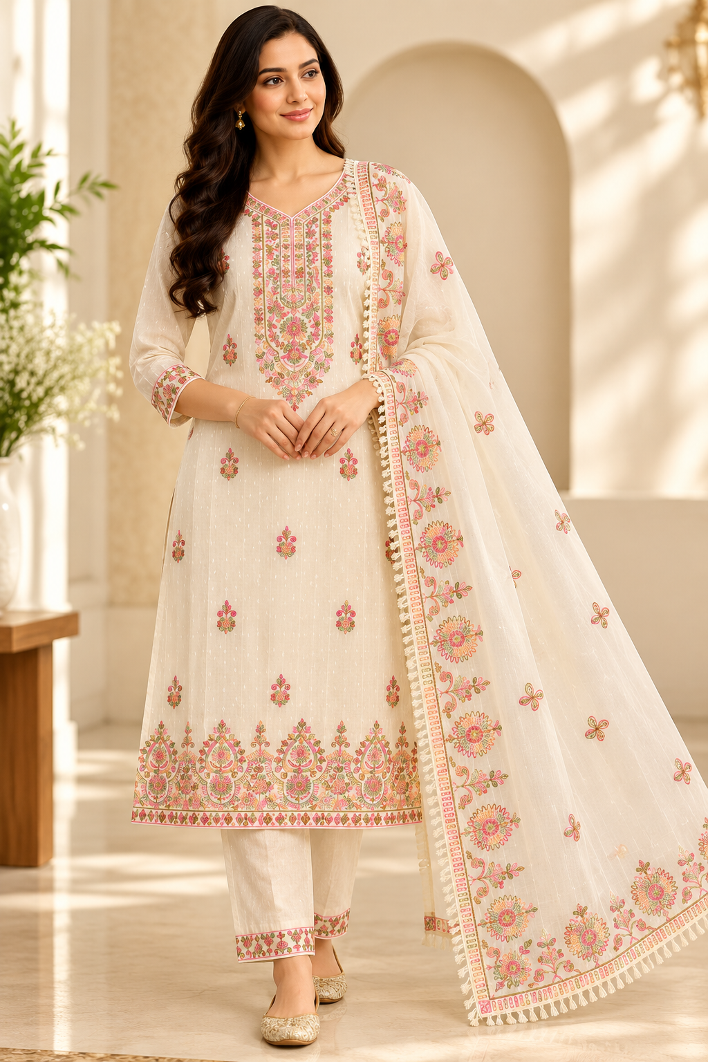Zeravelle Champagne Ivory Flexi Cotton Embroidered Churidar Set