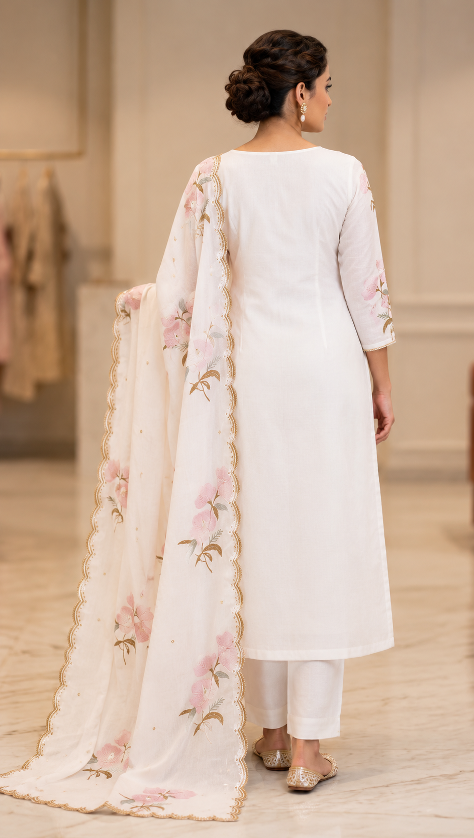 Zeravelle Ivory Blush Floral Embroidered Mul Crepe Churidar Set