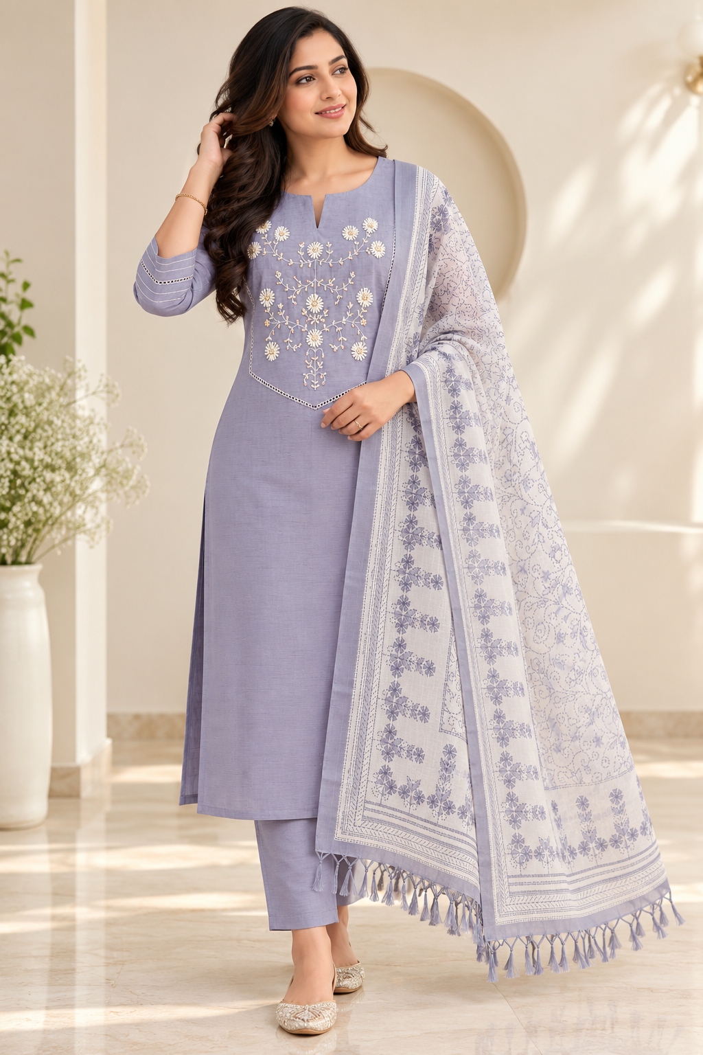 Lavender Bloom Mul Cotton Embroidered 3-Piece Churidar Set