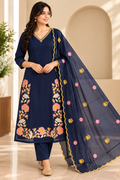 Zeravelle Midnight Navy Mul Chanderi Floral Embroidered Party Wear Churidar Set