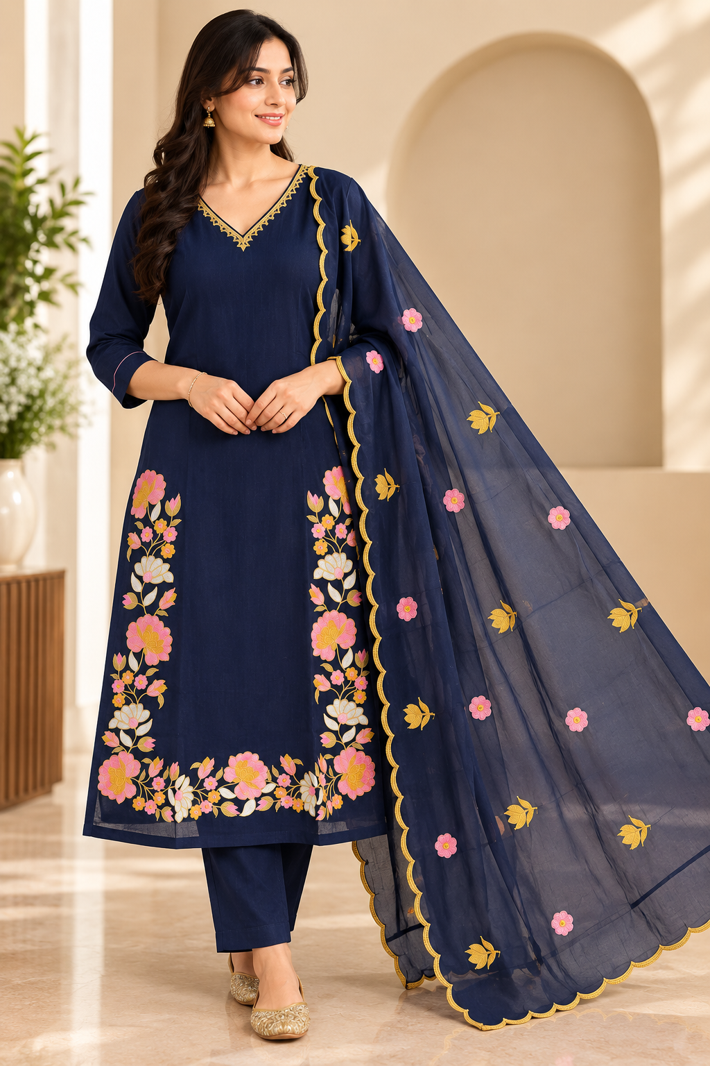 Zeravelle Midnight Navy Mul Chanderi Floral Embroidered Party Wear Churidar Set