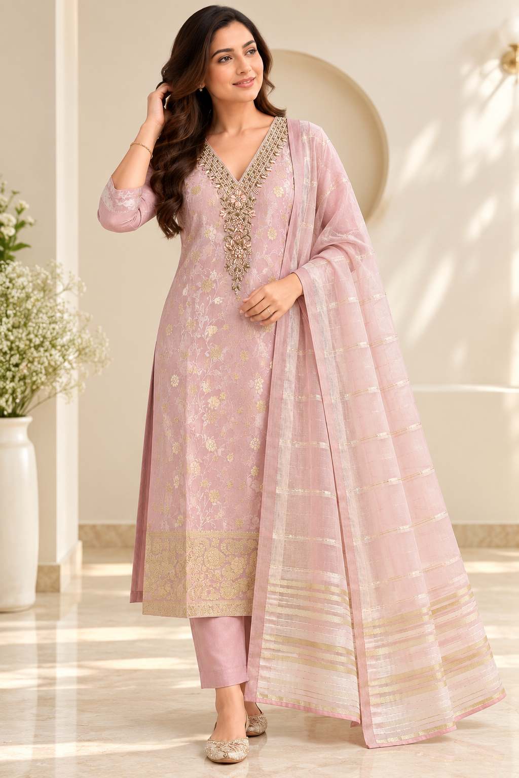 Zeravelle Blush Pink Banarasi Silk Embroidered Churidar Set