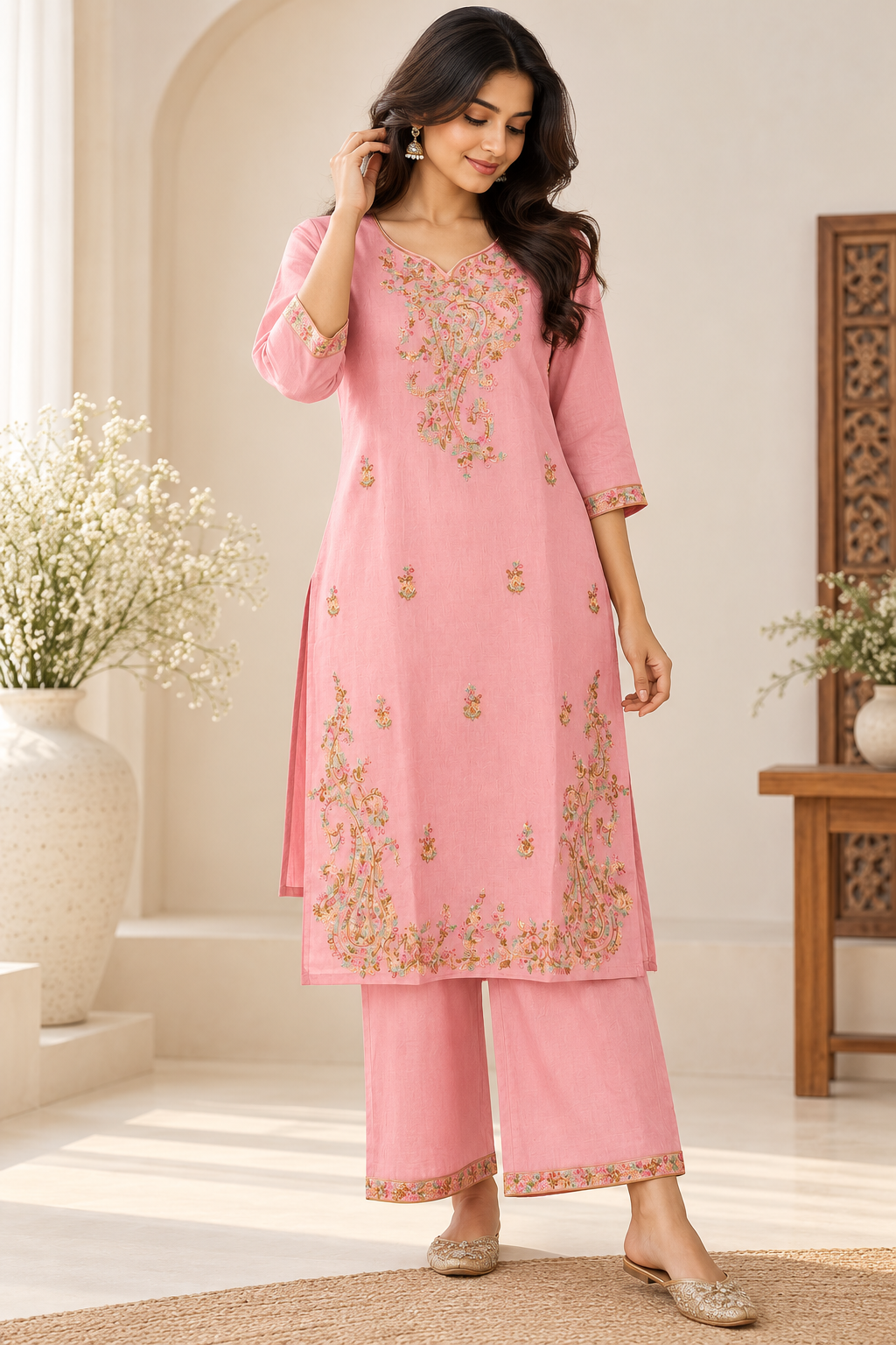 Baby Pink Mul Chanderi Churidar Set with Threadwork | Zeravelle