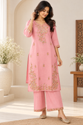 Baby Pink Mul Chanderi Churidar Set with Threadwork | Zeravelle