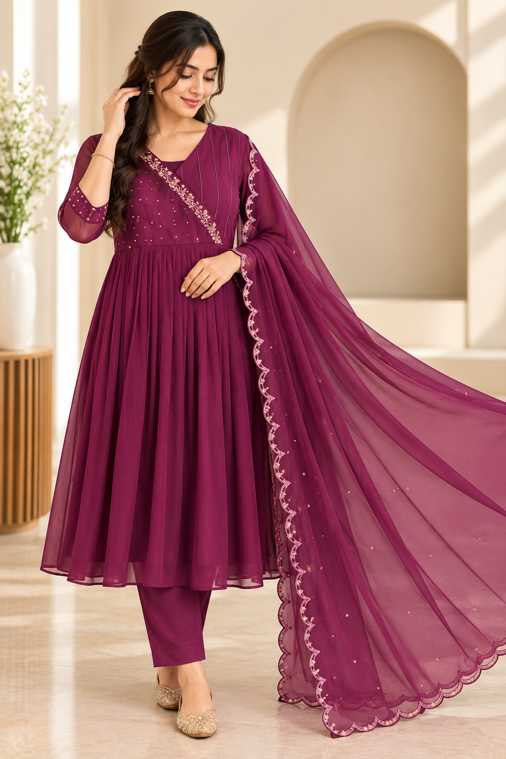 Zeravelle Wine Red Georgette Embellished Anarkali Set