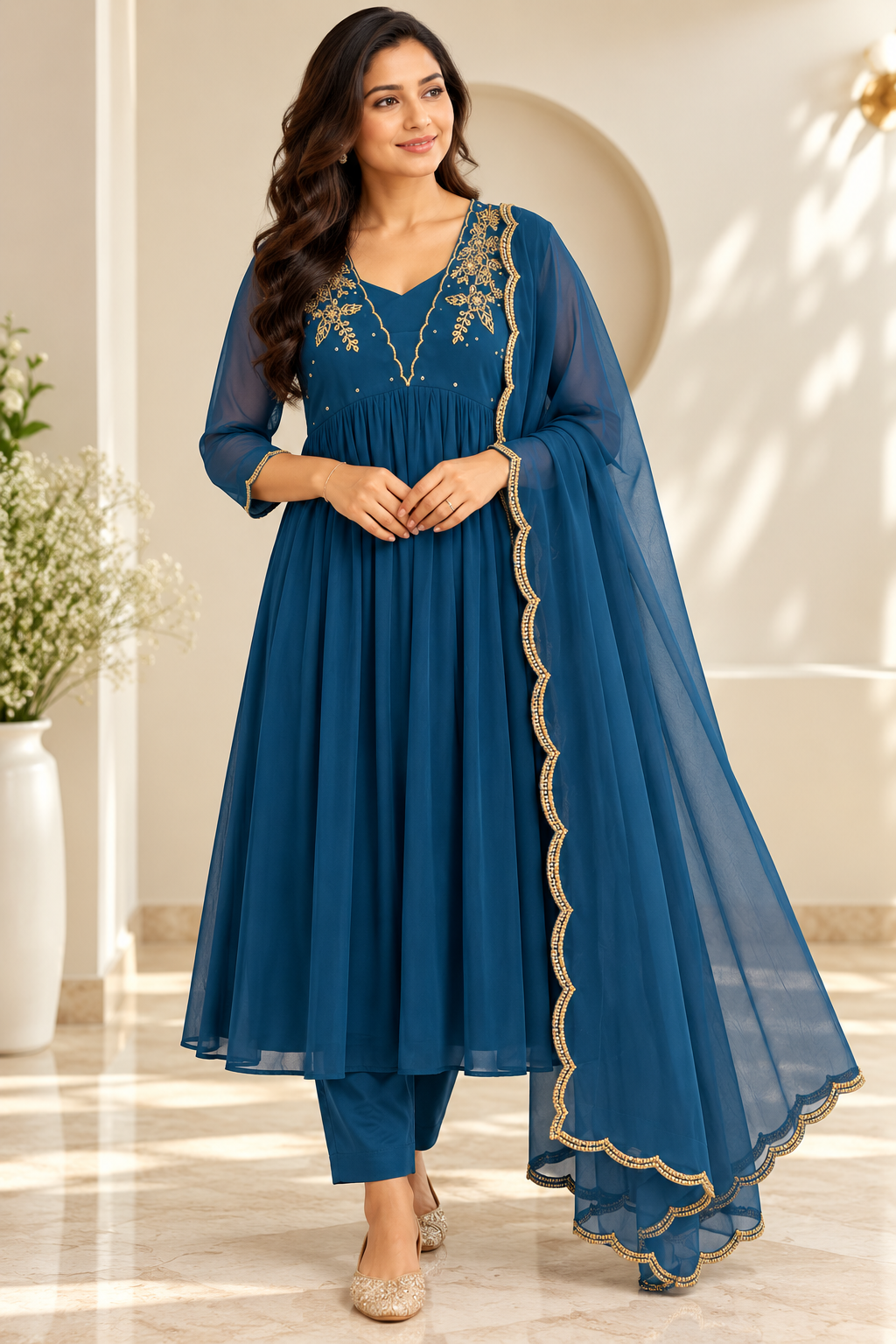 Zeravelle Peacock Blue Georgette Embellished Anarkali Set