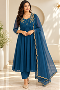 Zeravelle Peacock Blue Georgette Embellished Anarkali Set