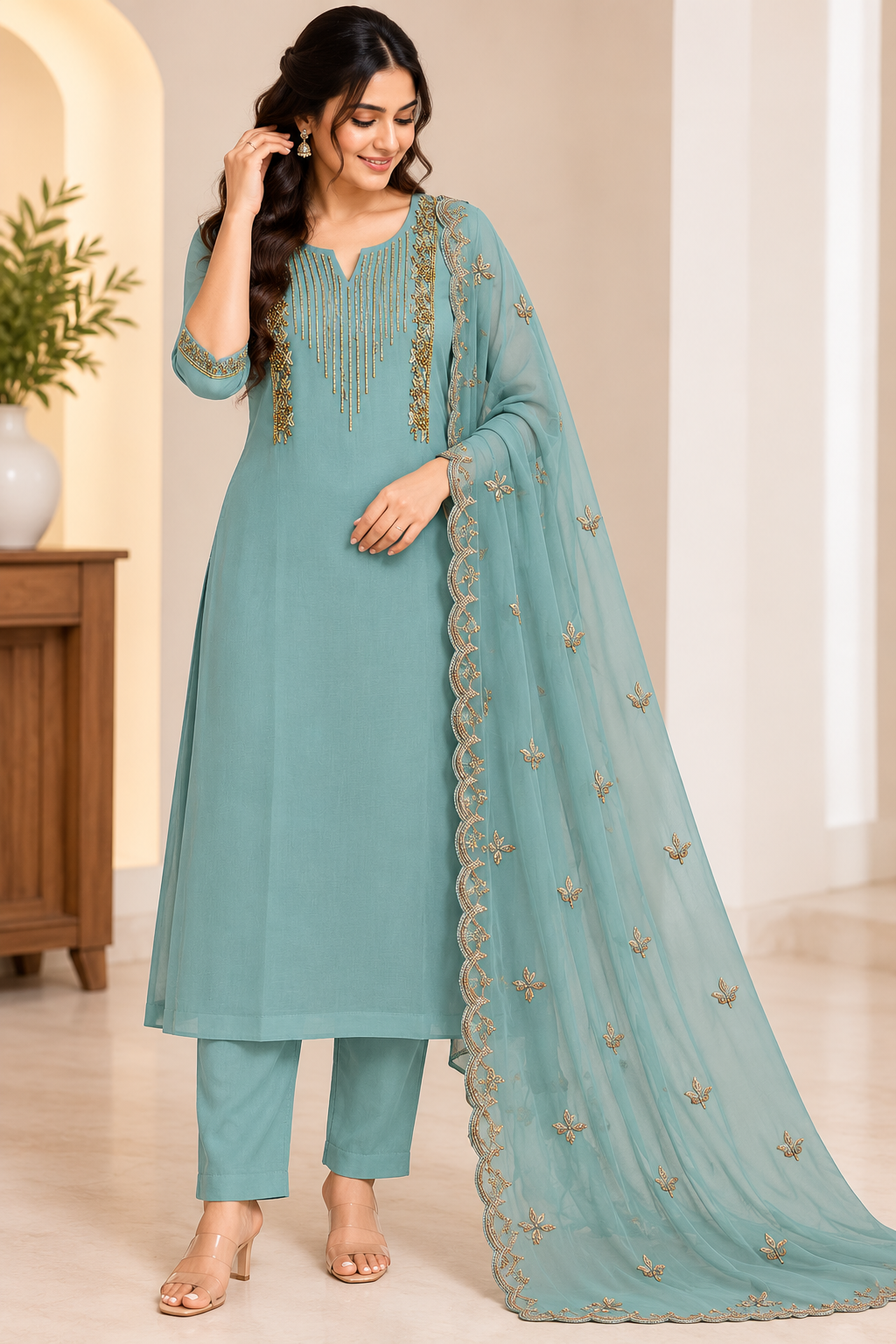 Zeravelle Pastel Teal Embroidered Georgette Churidar Set