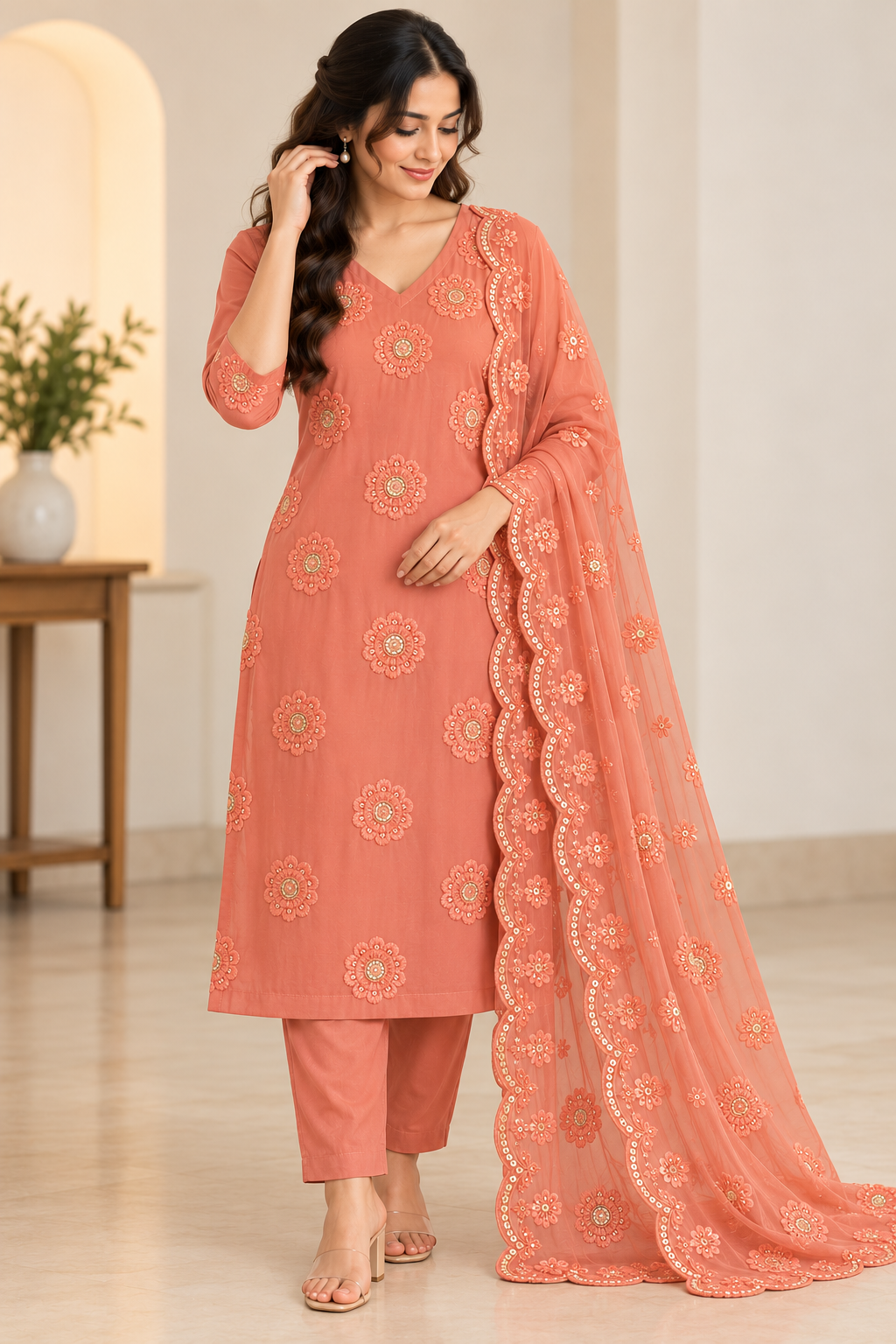 Coral Peach Georgette Embroidered Churidar Set