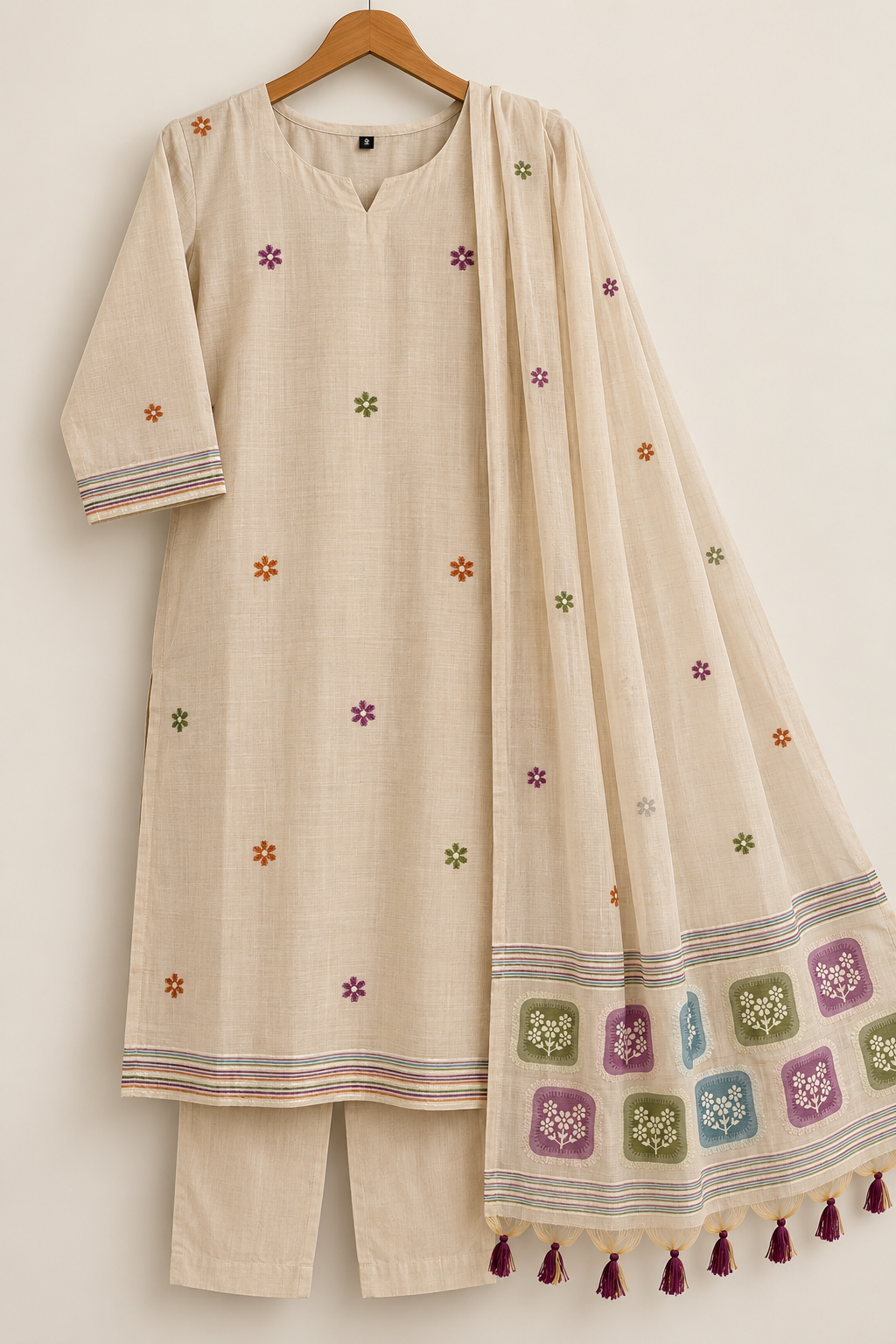 Zeravelle Ivory Jamdani Cotton Embroidered Churidar Set