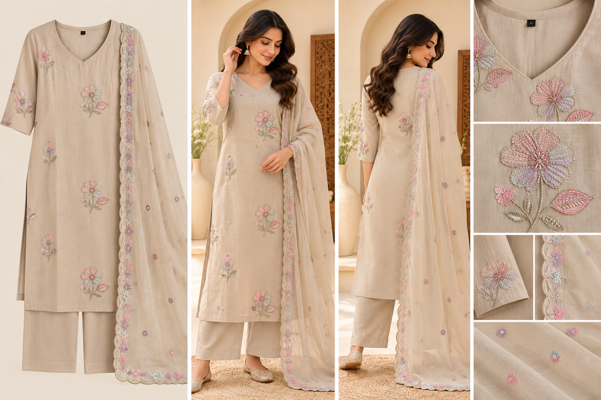 Zeravelle Champagne Blossom Embroidered 3-Piece Nice Silk Churidar Set