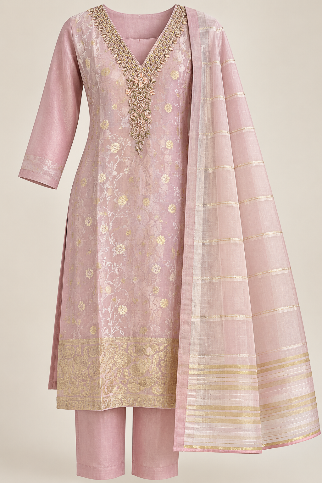 Zeravelle Blush Pink Banarasi Silk Embroidered Churidar Set