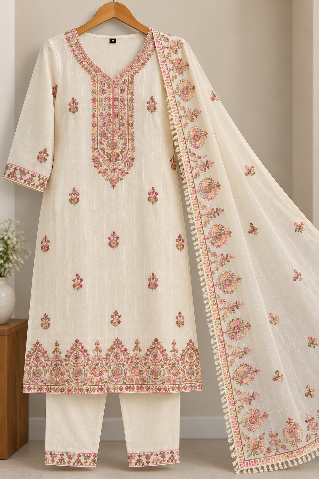 Zeravelle Champagne Ivory Flexi Cotton Embroidered Churidar Set