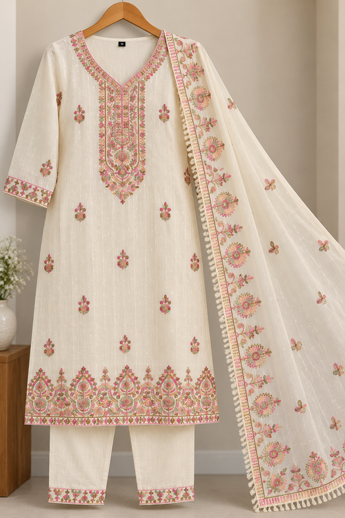 Zeravelle Champagne Ivory Flexi Cotton Embroidered Churidar Set