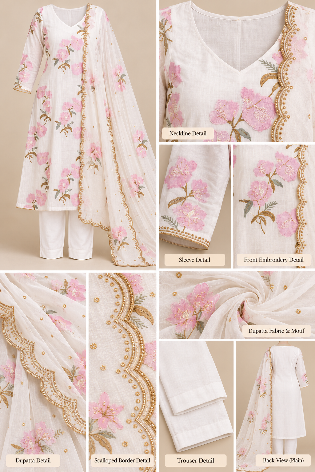Zeravelle Ivory Blush Floral Embroidered Mul Crepe Churidar Set