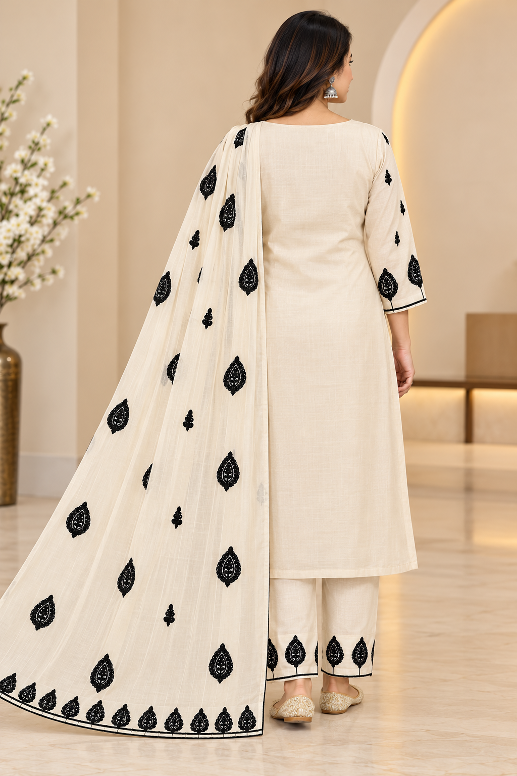 Zeravelle Ivory & Black Embroidered Mul Chiffon Churidar Set