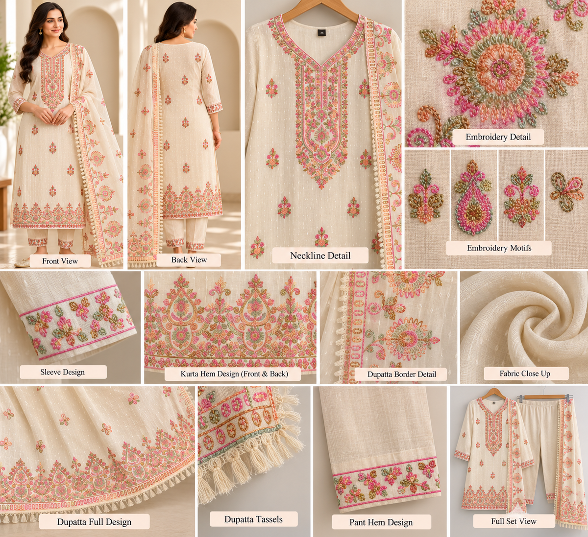 Zeravelle Champagne Ivory Flexi Cotton Embroidered Churidar Set