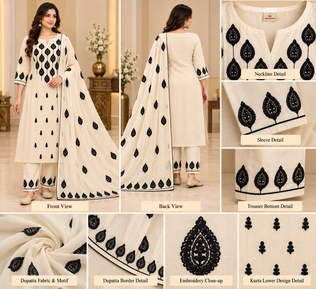 Zeravelle Ivory & Black Embroidered Mul Chiffon Churidar Set