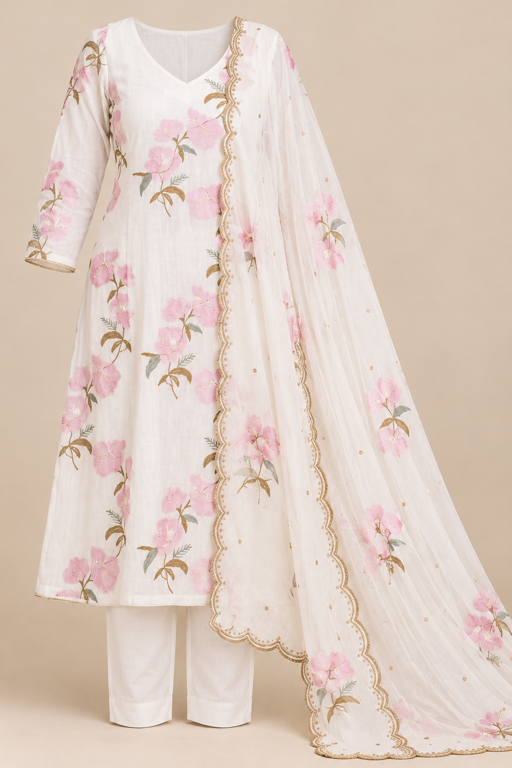 Zeravelle Ivory Blush Floral Embroidered Mul Crepe Churidar Set