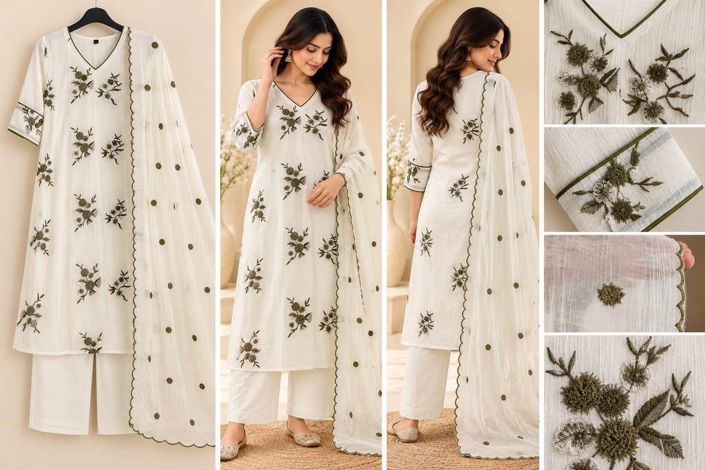Zeravelle Ivory Olive Bloom Mul Chiffon Embroidered 3-Piece Churidar Set