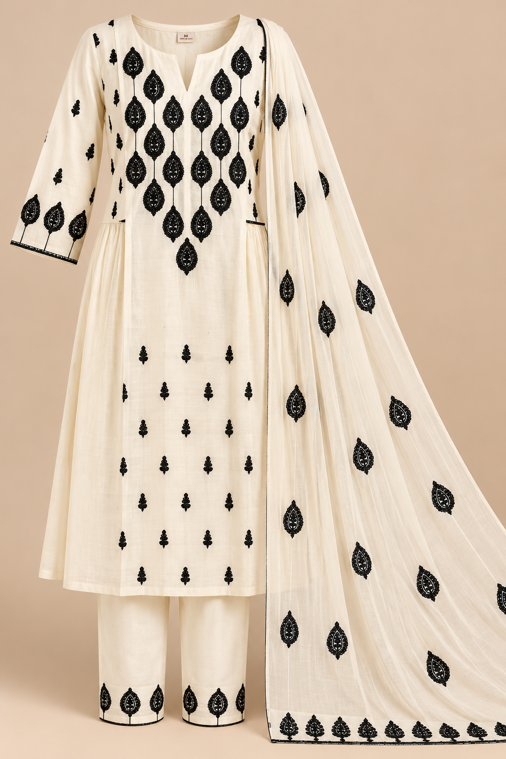 Zeravelle Ivory & Black Embroidered Mul Chiffon Churidar Set