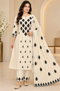 Zeravelle Ivory & Black Embroidered Mul Chiffon Churidar Set