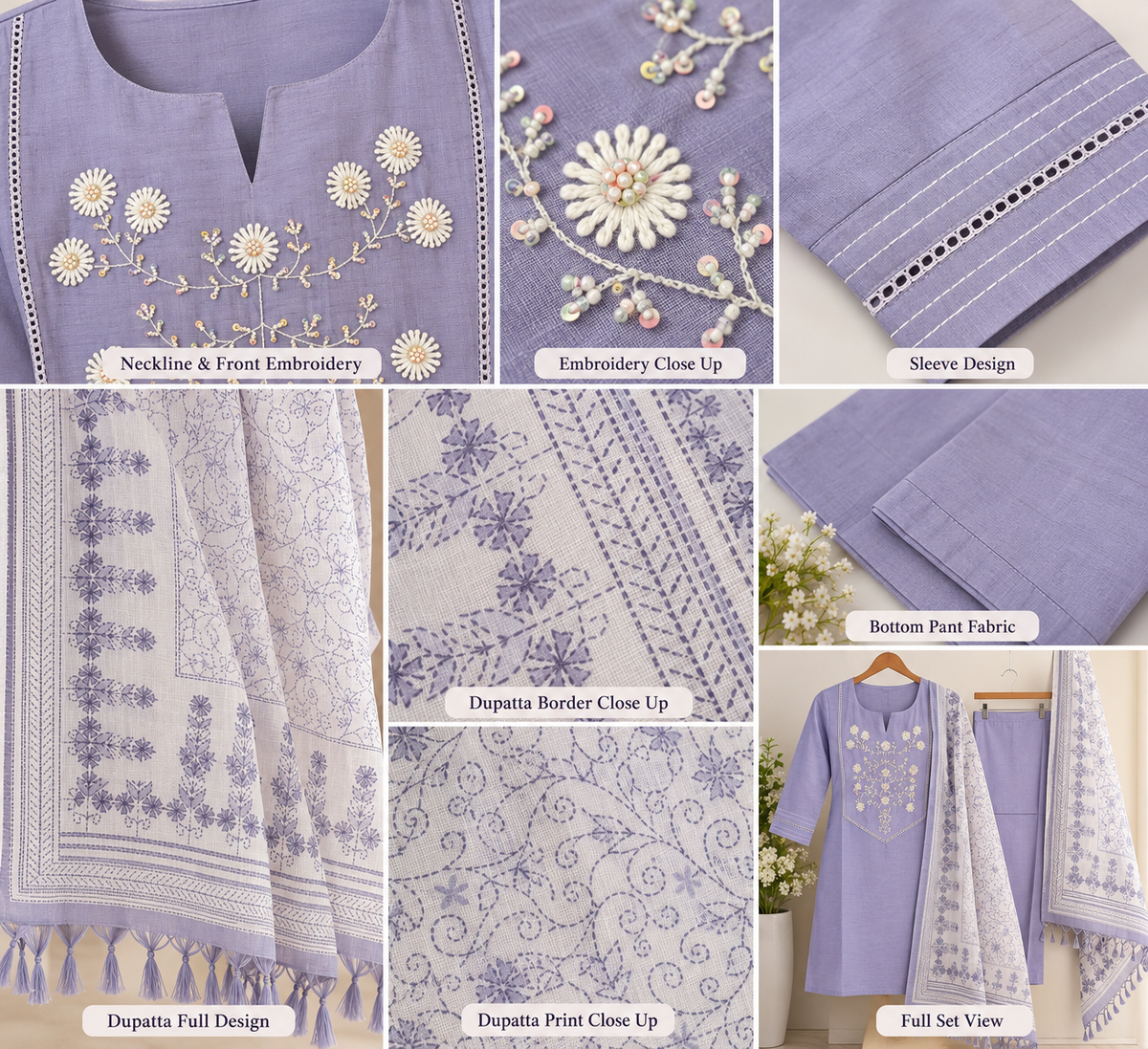 Lavender Bloom Mul Cotton Embroidered 3-Piece Churidar Set