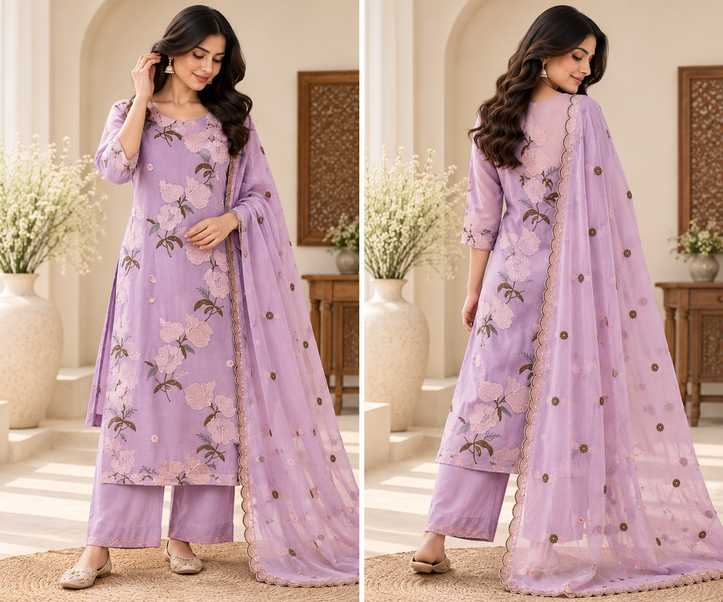 Zeravelle Lilac Bloom Embroidered 3-Piece Mul Crepe Churidar Set