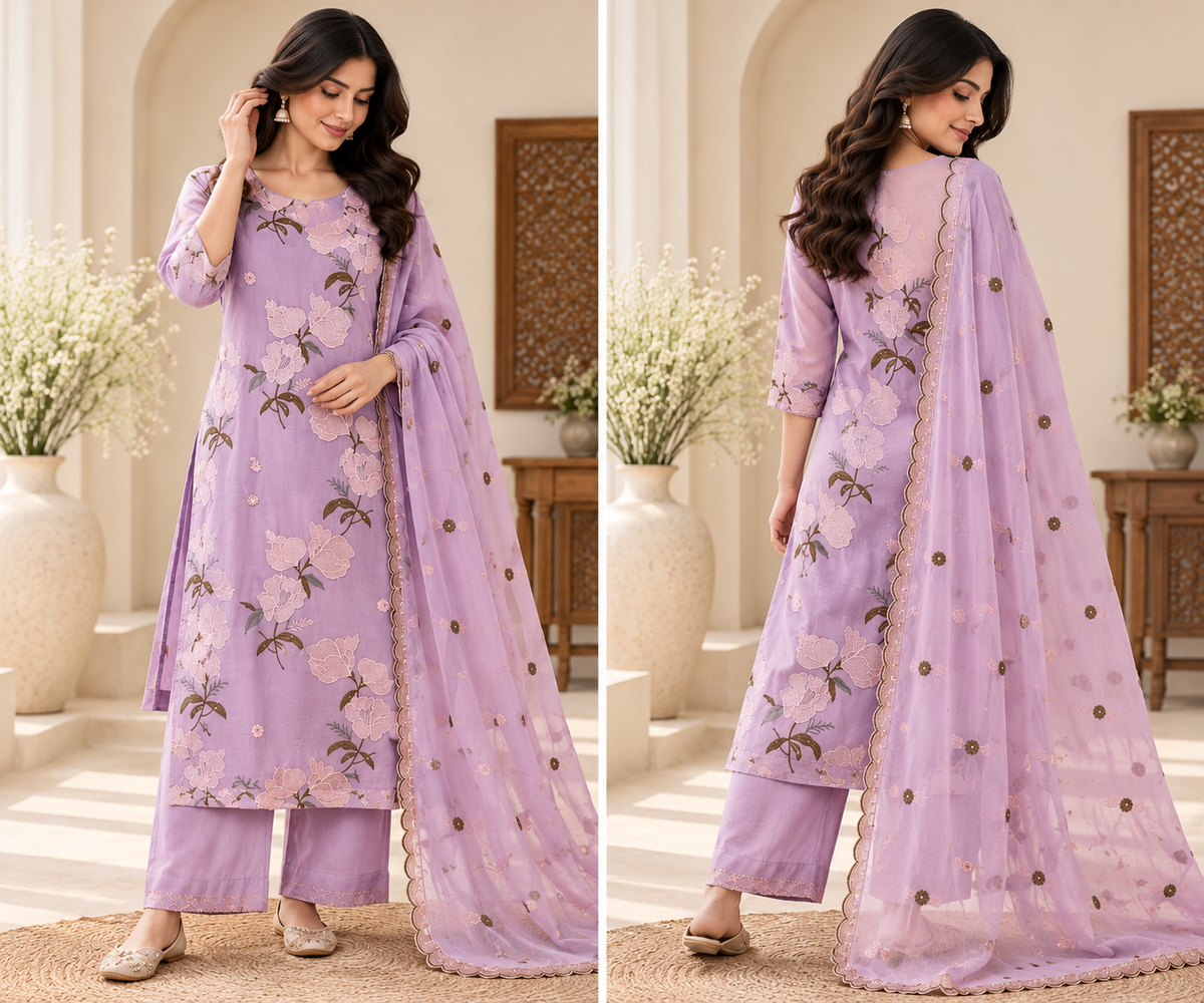 Zeravelle Lilac Bloom Embroidered 3-Piece Mul Crepe Churidar Set