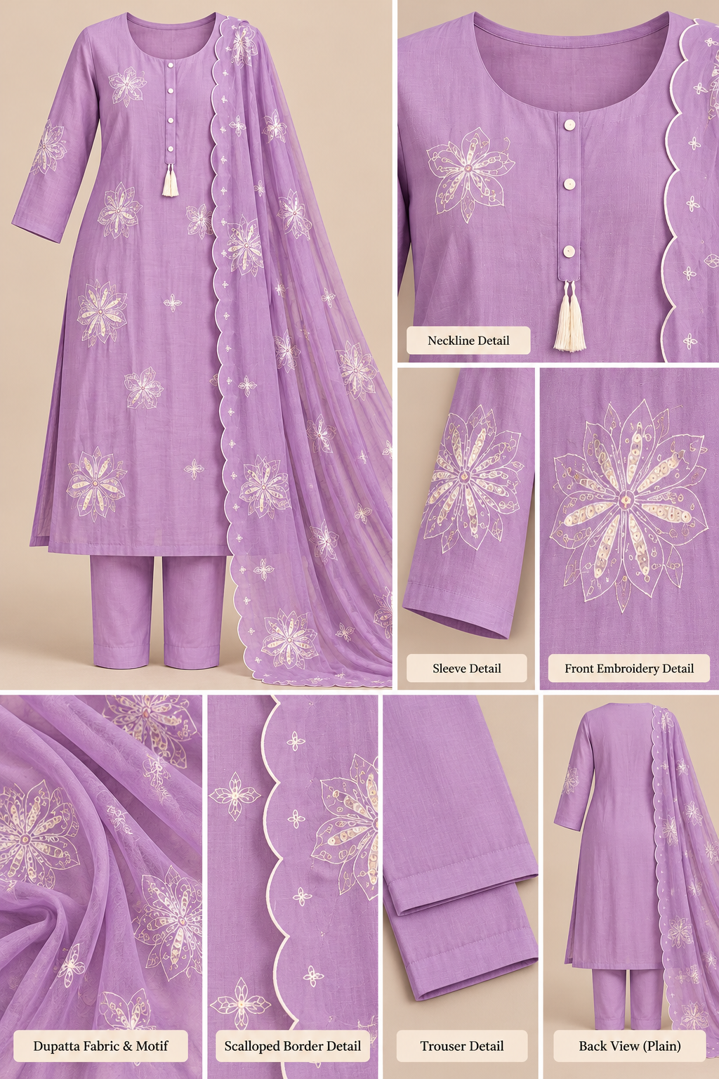 Zeravelle Lavender Embroidered Mul Crepe Churidar Set