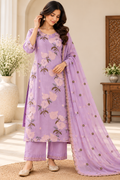Zeravelle Lilac Bloom Embroidered 3-Piece Mul Crepe Churidar Set