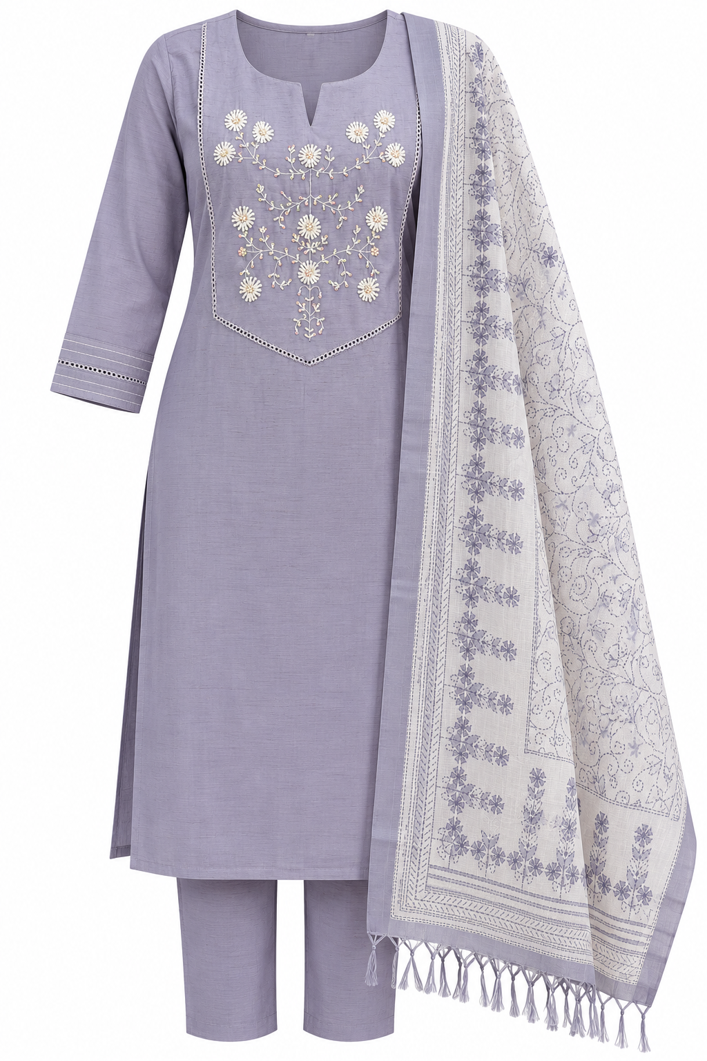 Lavender Bloom Mul Cotton Embroidered 3-Piece Churidar Set| Indian Ethnic Wear Ireland | Zeravelle